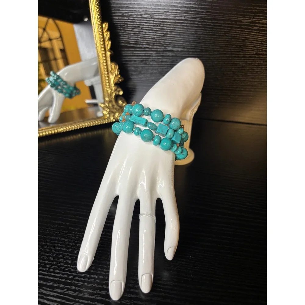 Turquoise Blue Multi Strand Beaded Cuff Bracelet Statement Boho Southwestern